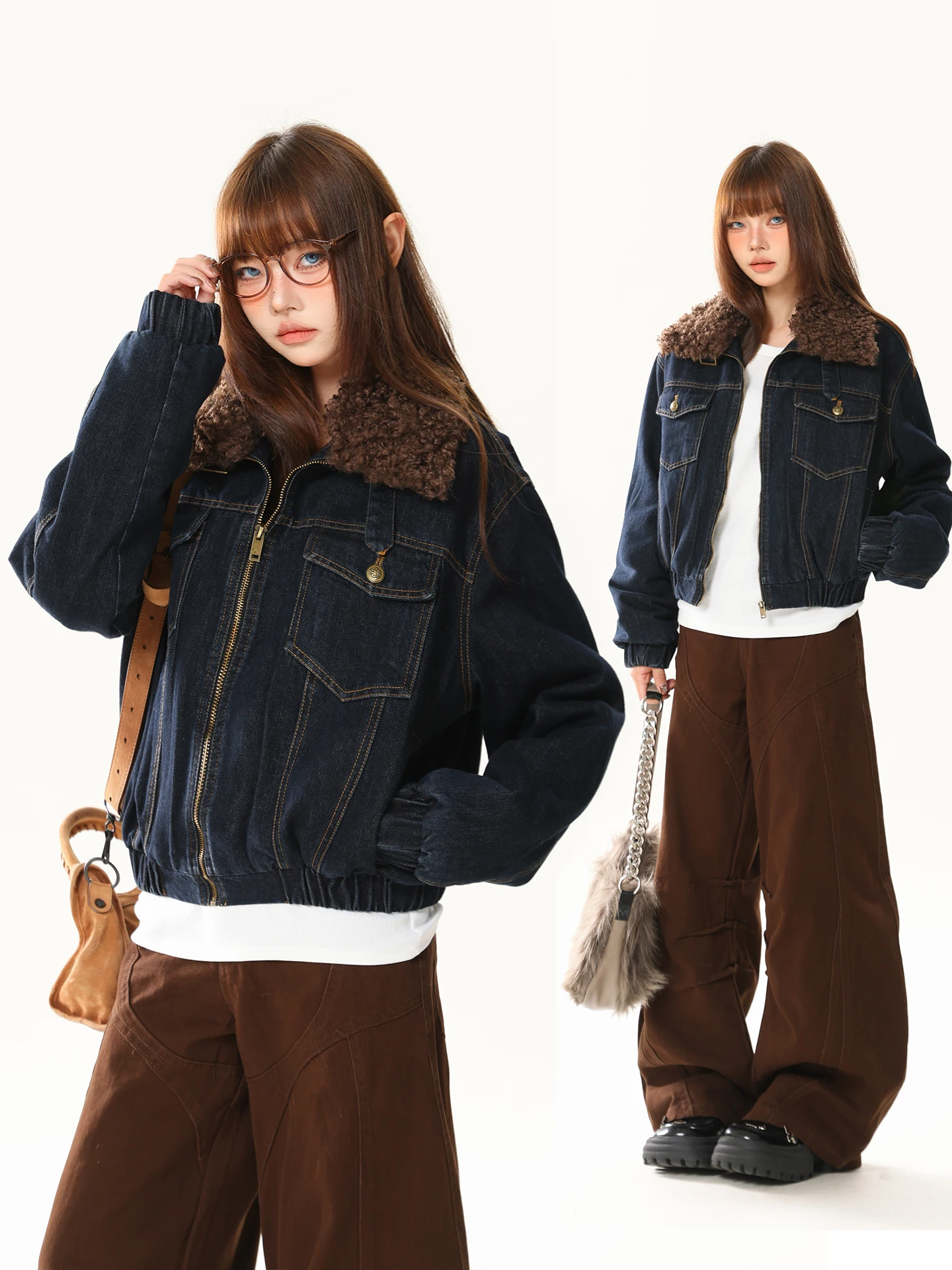 

Женская джинсовая куртка AONW в американском ретро-стиле, утепленная хлопком, свободного кроя, осенне-зимняя верхняя одежда с меховым воротником, прямой силуэт