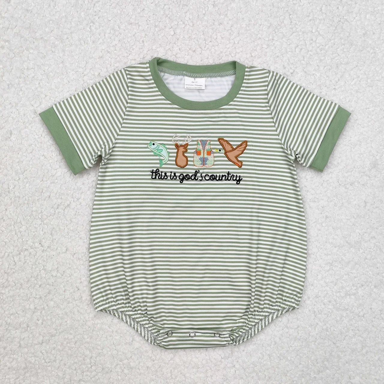 

Wholesale Newborn Toddler Green Baby Boy Short Sleeves Stripes Embroidery Duck Deer Bubble Romper Kids Children Infant Jumpsuit