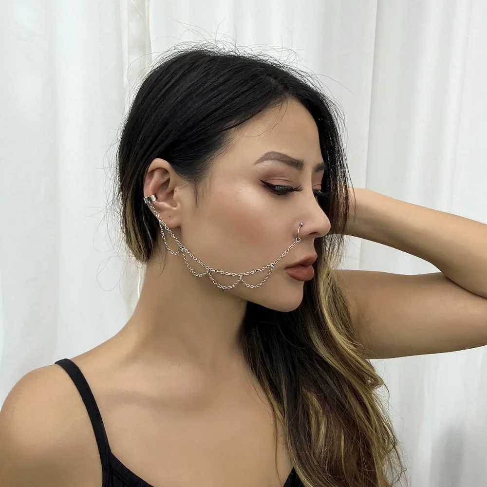 New Fashion Piercing Jewelry Temperament Women Imitation Pearl Butterfly Tassel Chain Cool Personality Nose Clip