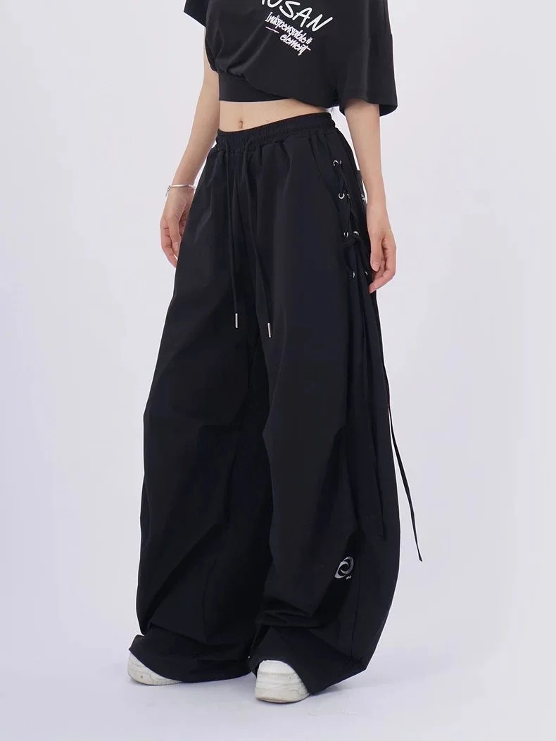 

Регулируемые широкие брюки для работы, женские, летние, свободного кроя, с завязками, для уличных танцев, джаза, быстросохнущие, спортивные штаны