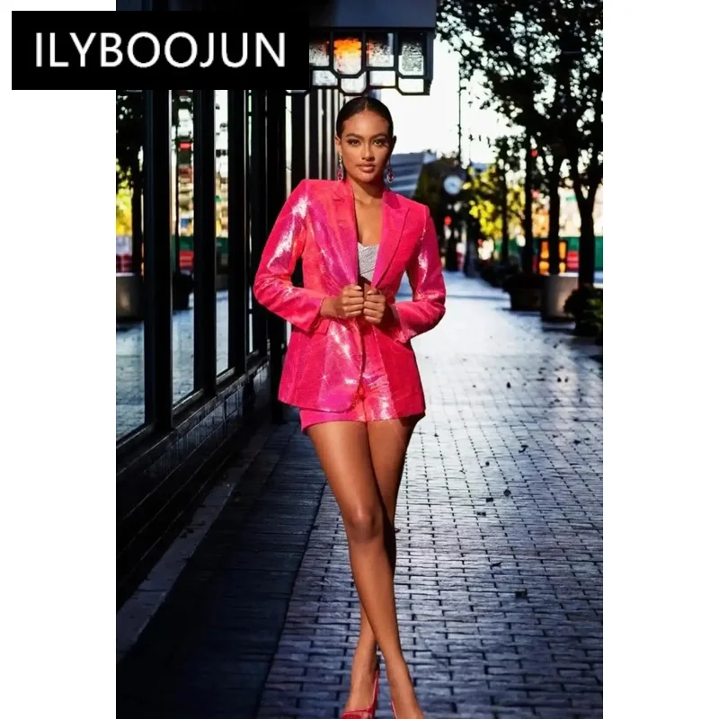 Brand Sequins Short Suits Hot Pink 2023 Summer Sequin Glitter Bling Jacket Shorts Fashion Two Piece Set Outfits Women