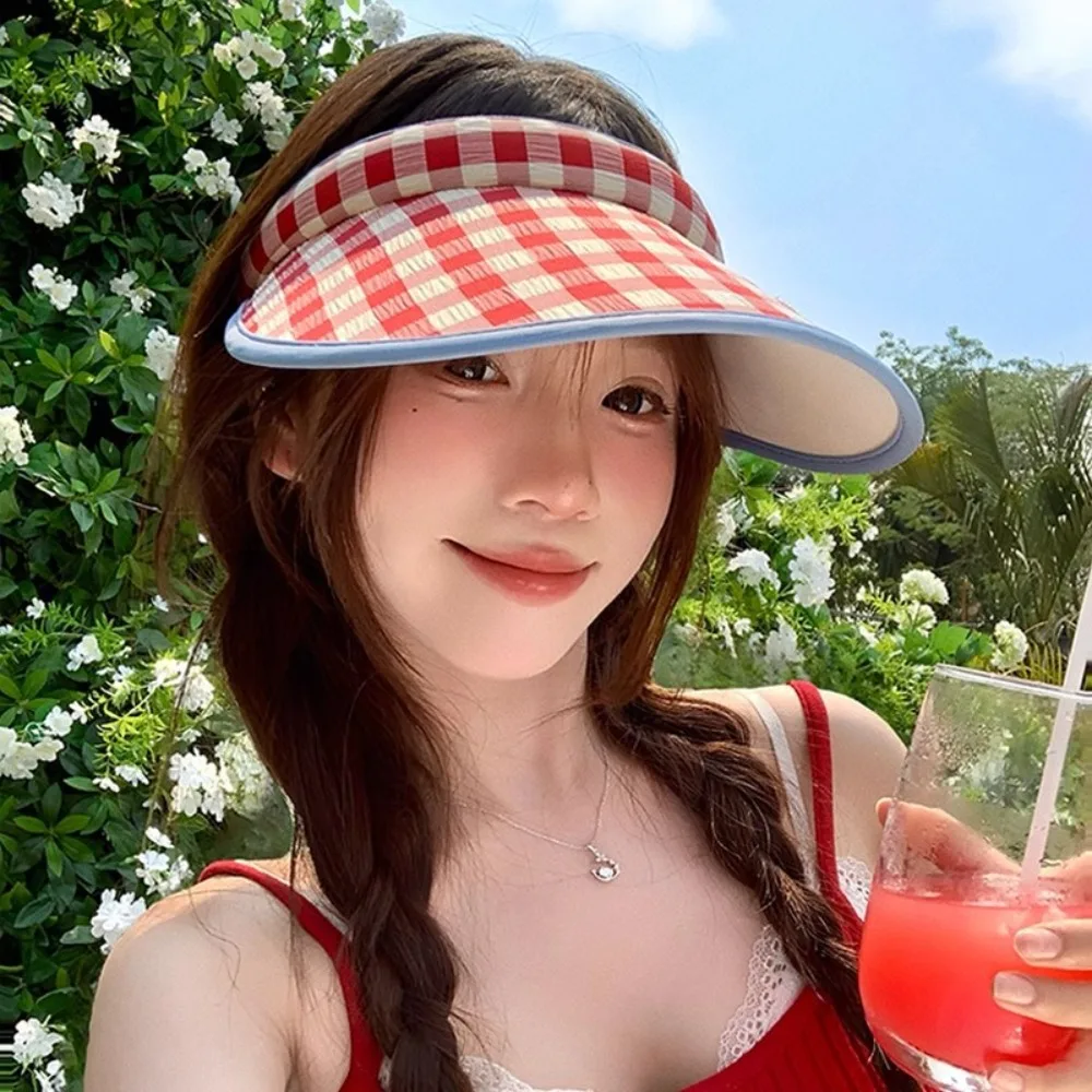 

Plaid Print Large Brim Sun Hat Hair Hoop Style Pastoral Style Summer Empty Top Cap Anti-UV Korean Style Sun Protection Hats Girl