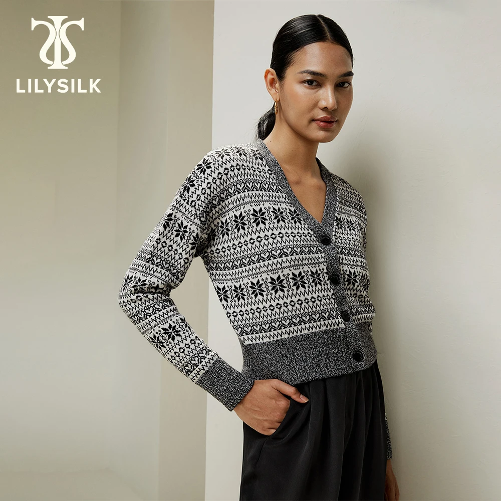 

LILYSILK Merino Wool Cardigan for Women 2023 Winter Classic Fair Isle Print Button Front V Neck Festival Clothing Free Shipping