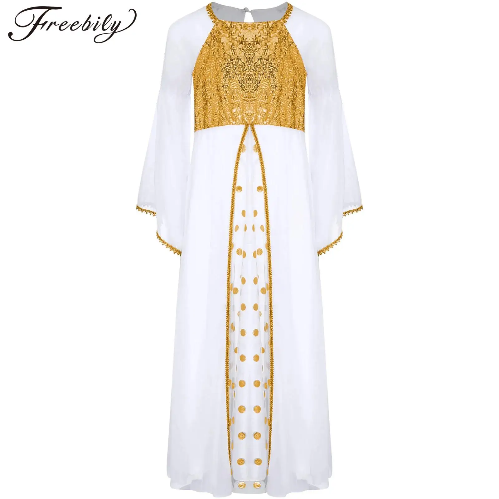 Kids Girls Halloween Angel Goddesses Cosplay Costume Flare Sleeve Gold Trim Flowy Chiffon Maxi Dress Church Choir Worship Robe