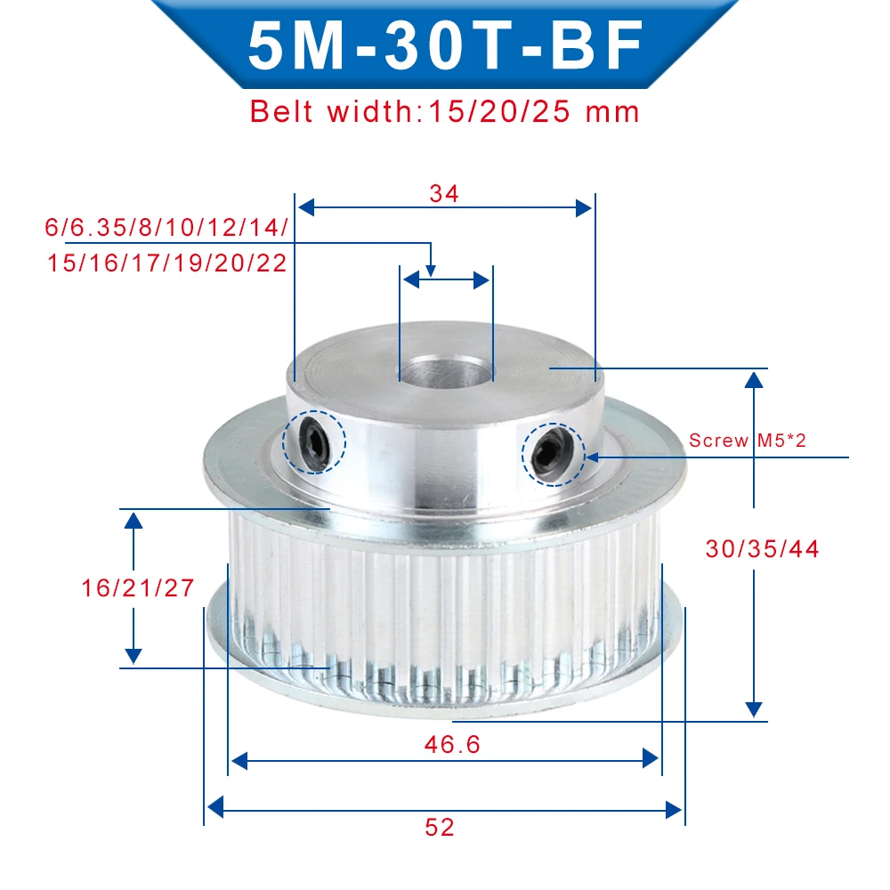 Timing Pulley 5M-30T Bore 6/6.35/8/10/12/12.7/14/15/16/17/19/20 mm Pulley Slot Width 16/21 mm For Width 15/20mm 5M-timing belt