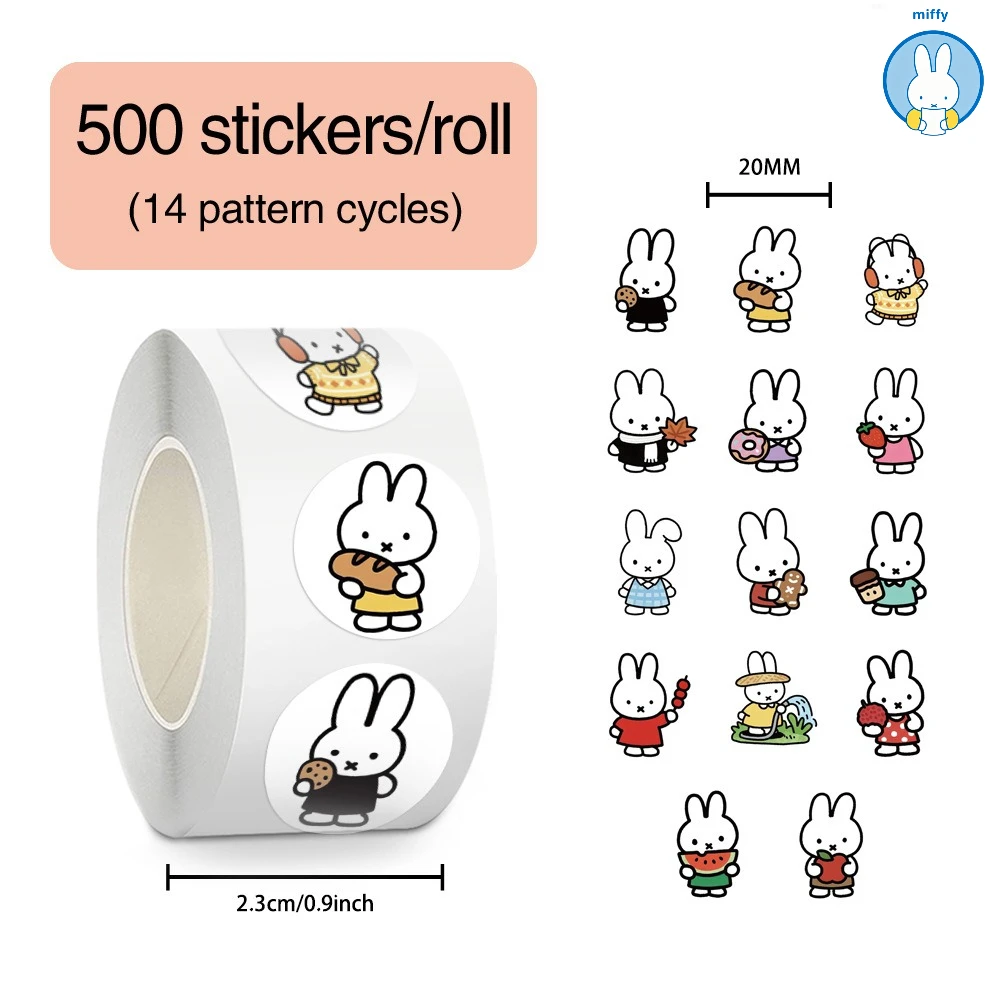 500pcs Kawaii Miffy Rabbit Roll Stickers Hand Book Stickers Decorative Water Cup Car Sealing Tape Wholesale