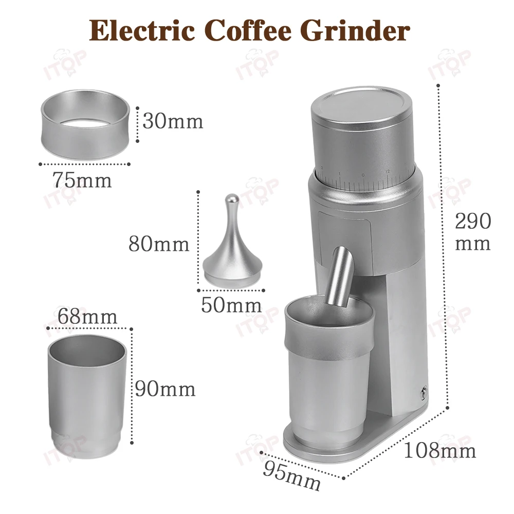 63mm Electric Coffee Grinder Single Dose Grinder Conical Burr Magnetic Powder Suction Port& Cup Stepless Adjustment