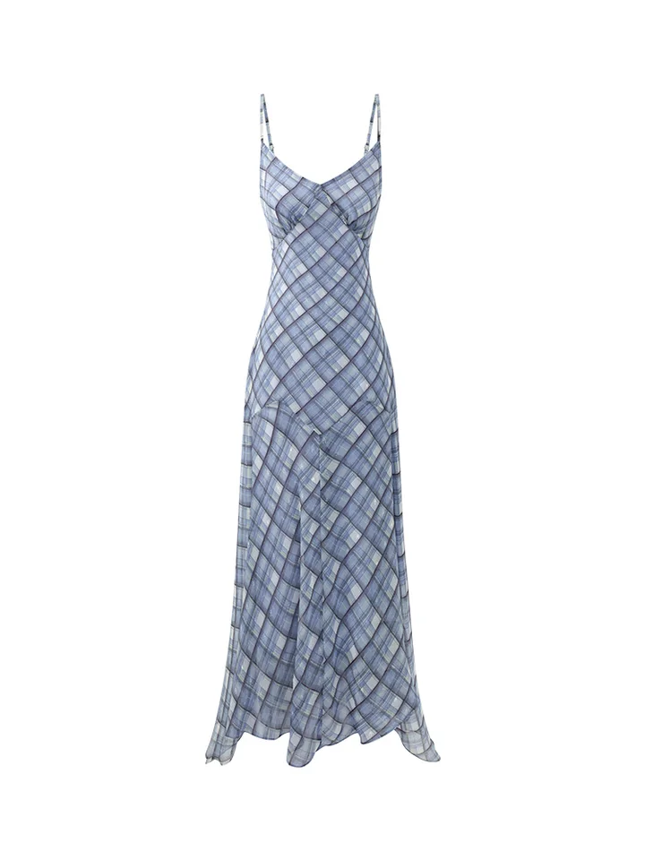 French Vintage Plaid Cami Dress Women Summer Slim Fit Chiffon Maxi Dress  Blue Printed Spaghetti Strap Mermaid Dress Elegant Look - AliExpress  200000345