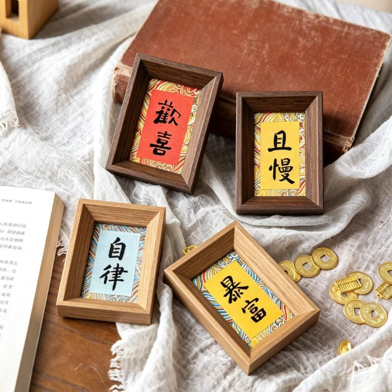 4Pc 3-Inch DIY Calligraphy Picture Frame Mini Blank Rice Paper Song‑Brocade Hard Cardboard Desktop Art Craft Display Photo Frame