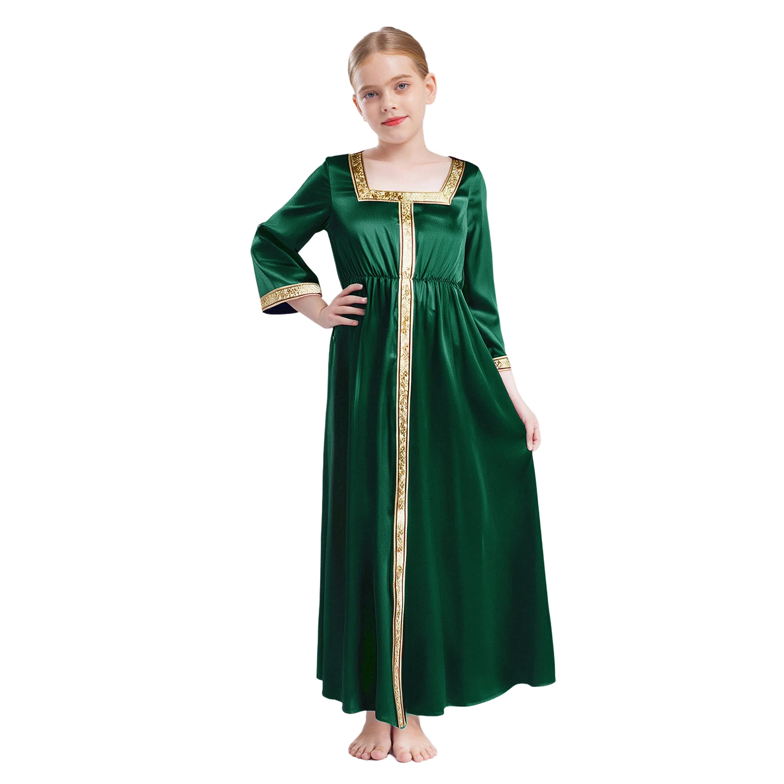 

Kids Girls Abaya Dress 3/4 Sleeve Square Collar Ramadan Arabic Muslim Maxi Dress for Halloween Carnival Party Masquerade Cosplay