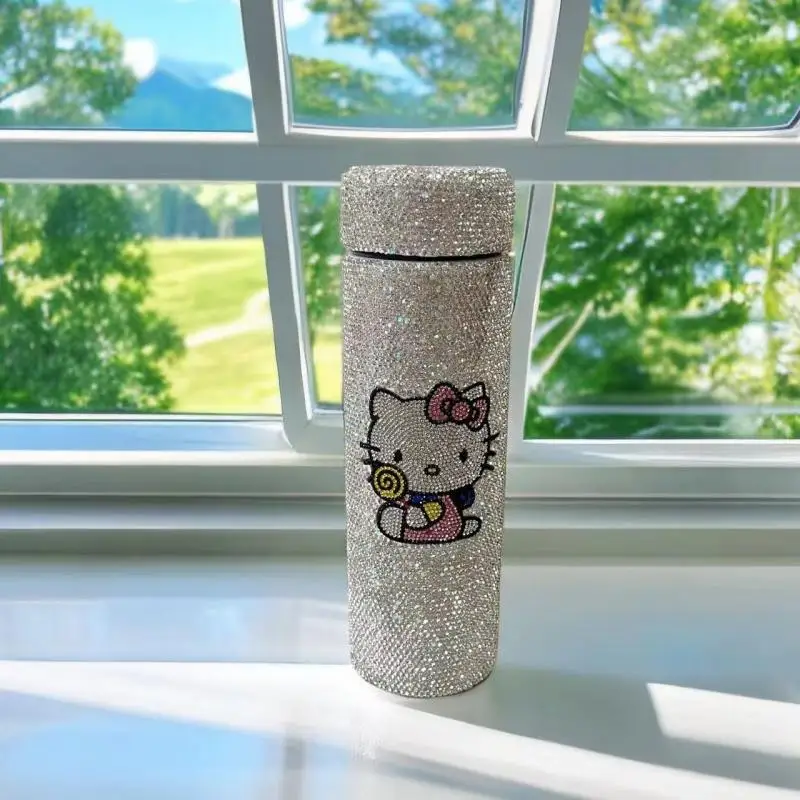 Miniso Hello Kitty Water Cup Diamond Kawaii Thermos Cup Good look Anime Figure Shine strass Girl Cartoon Girlfriend Gift