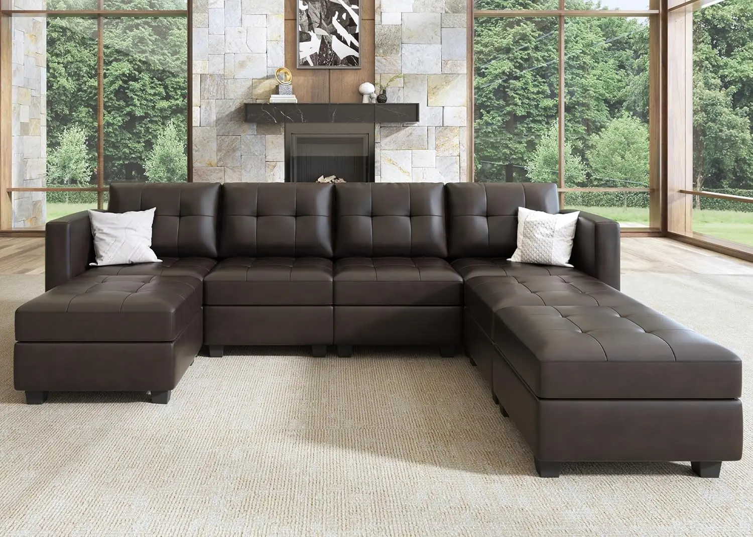 Oversized Modular Sectional Couch U Shaped Sofa with Storage Seats Faux Leather 7 Seater Sectional Couch for Living Room Brown