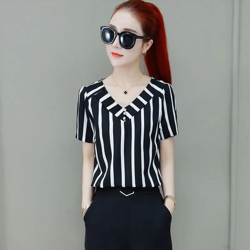 

Fashion V-Neck Short Sleeve Striped Irregular Blouses Women's Clothing 2024 Summer New Loose Casual Tops Asymmetrical Shirts