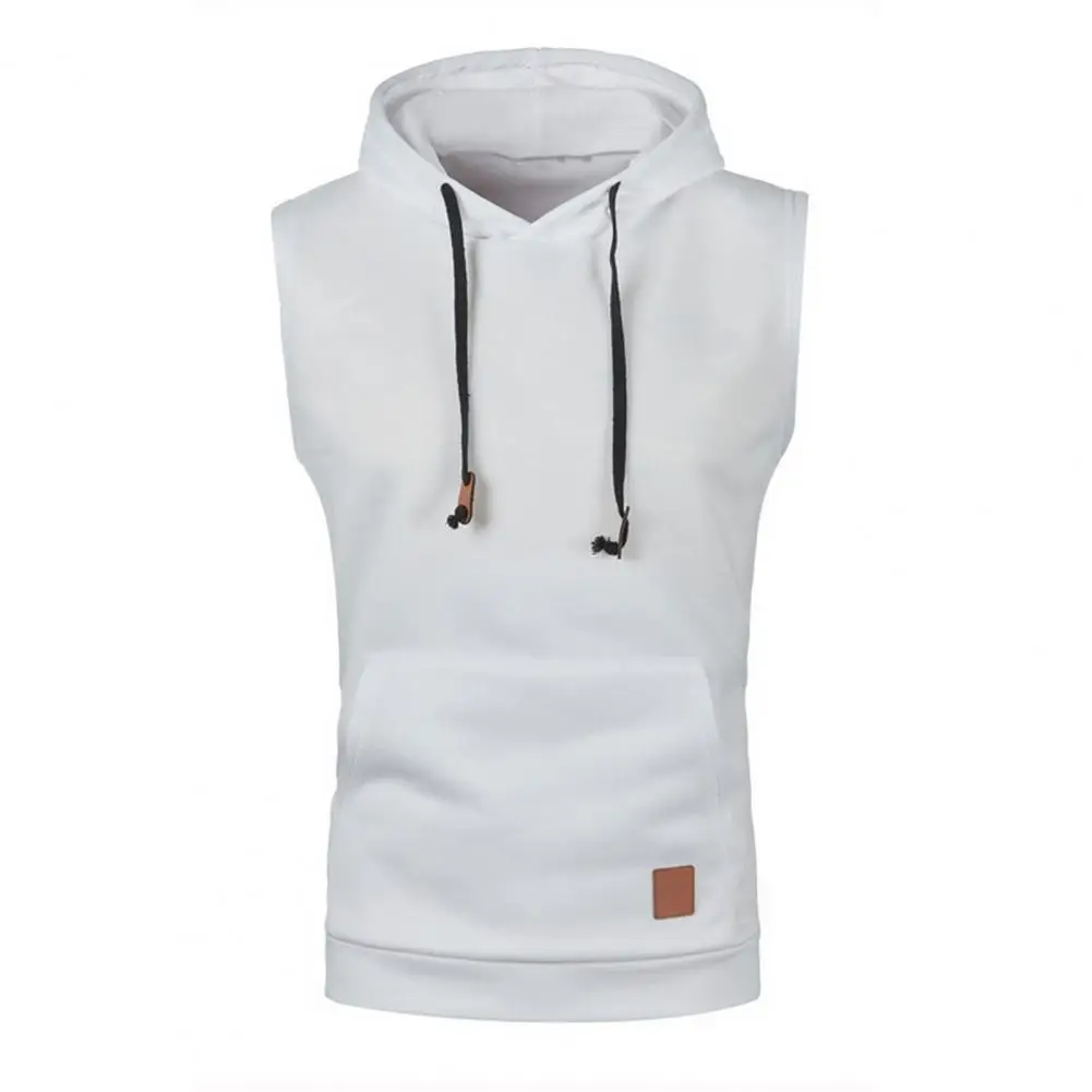 Solid Color Men Vest Men's Sleeveless Hooded Tank Top with Drawstring Big Pocket Slim Fit Breathable Workout Vest for Casual