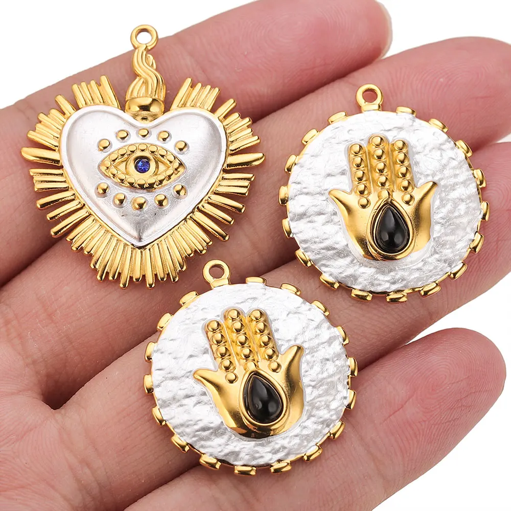 2PCS Gold-Plated Stainless Steel Charms Hand Evil Eye Heart Pendant Accessories For DIYJewelry Earrings Making Supplies Finding - view 4