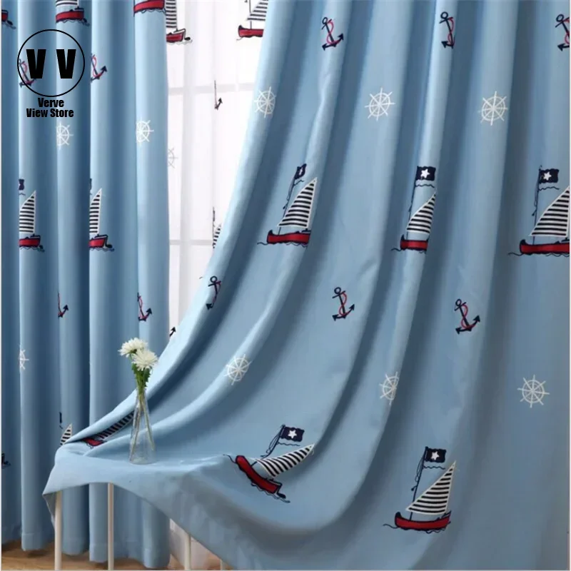 

Modern Kids Bedroom Curtain Sailing Boat Blackout Curtain Cartoon Finished Boy Children Living Room Blue Curtains For Kids