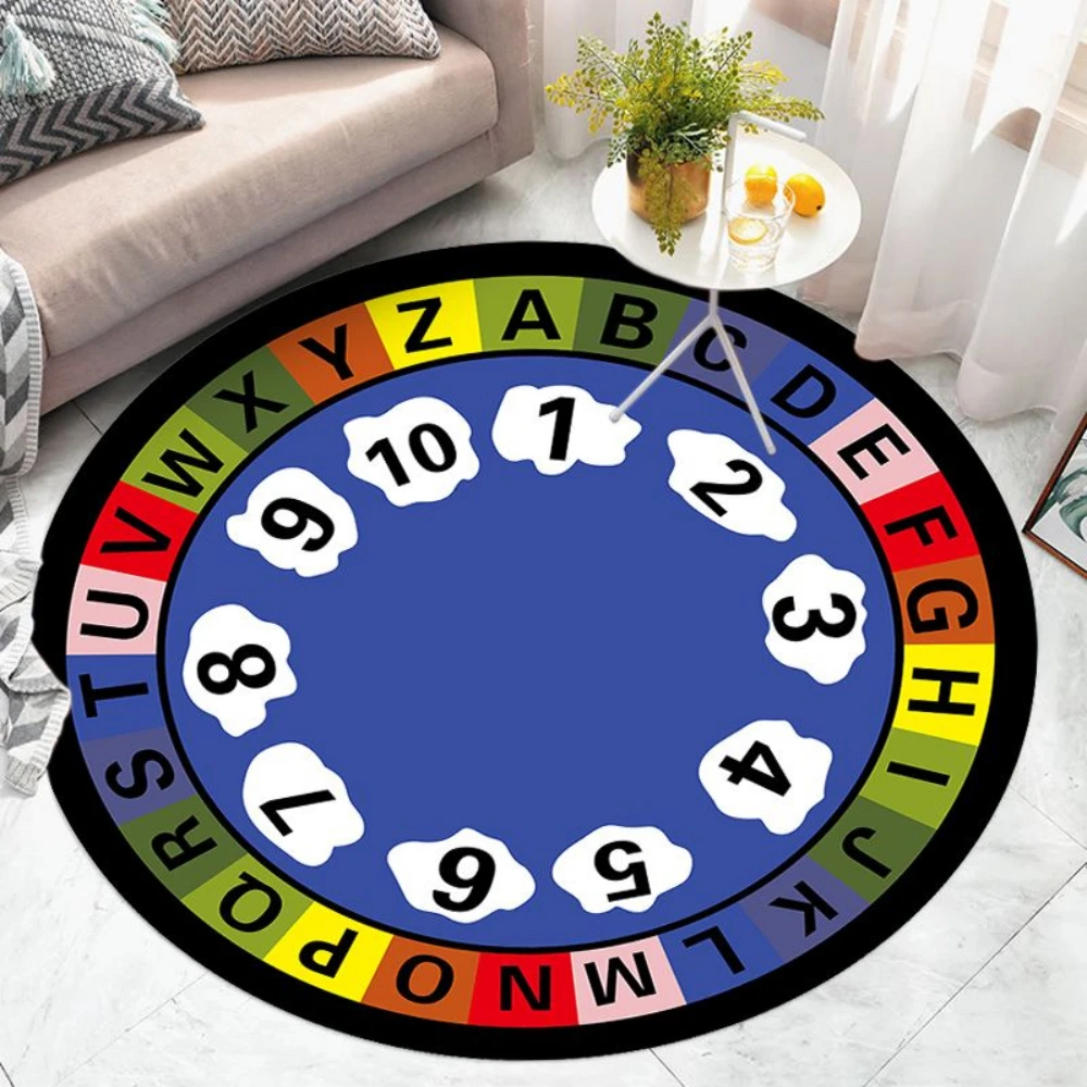 Kids Play Mat Cartoon Numbers Letters Round Rug Living Room Sofa Rug Decor Bedroom Soft Rug Parent-child Activity Reading Mat