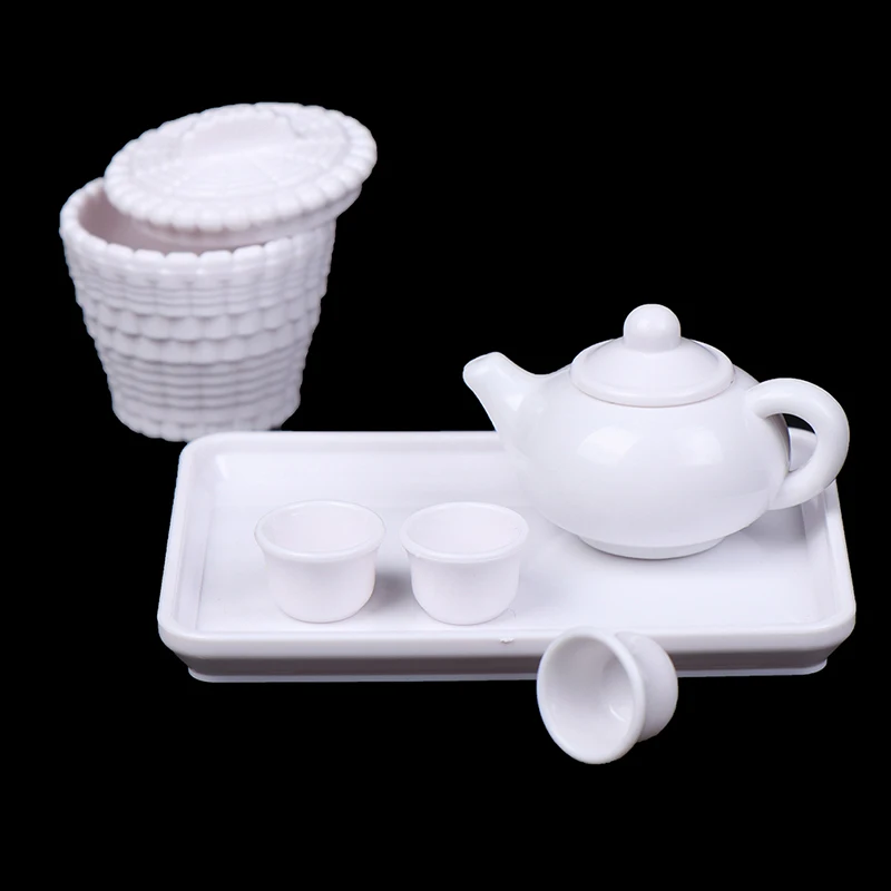 6pcs/set Dollhouse Miniature Teapot Coffee Tea Cups Tray Model Kitchen Toys