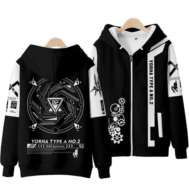 Game NieR Automata 2B YoRHa No. 2 Type B 9S YoRHa No. 9 Type S Cosplay Costume 3D Sweatshirt Men Zipper Hoodies Outwear Coat