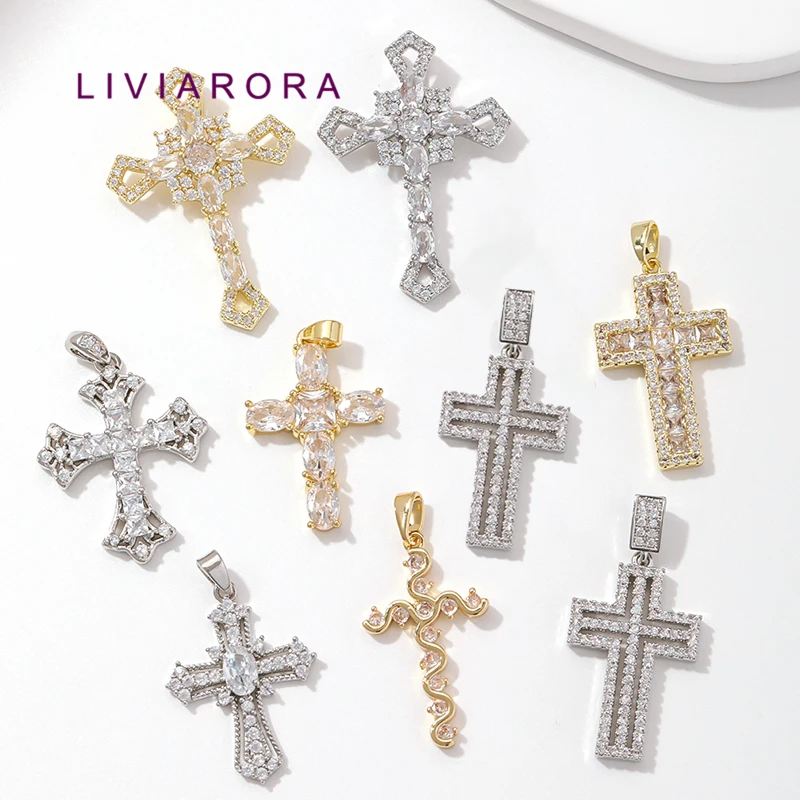 1Pc 18K Gold Plated Brass Vintage Cross Pendant Charms Zircon Ornate Gothic Hollow Out Religious Cross Charms For Religious Wear