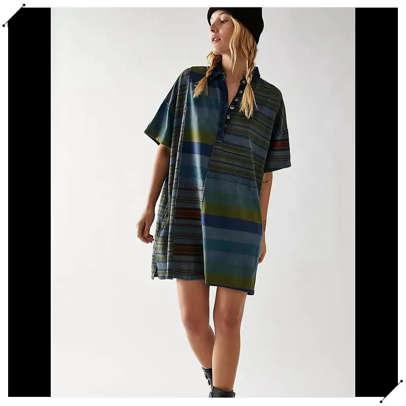 Women Contrast Striped Babydoll Y2k Summer Patchwork T- Shirt Dress Vintage V Neck Short Sleeve Dress