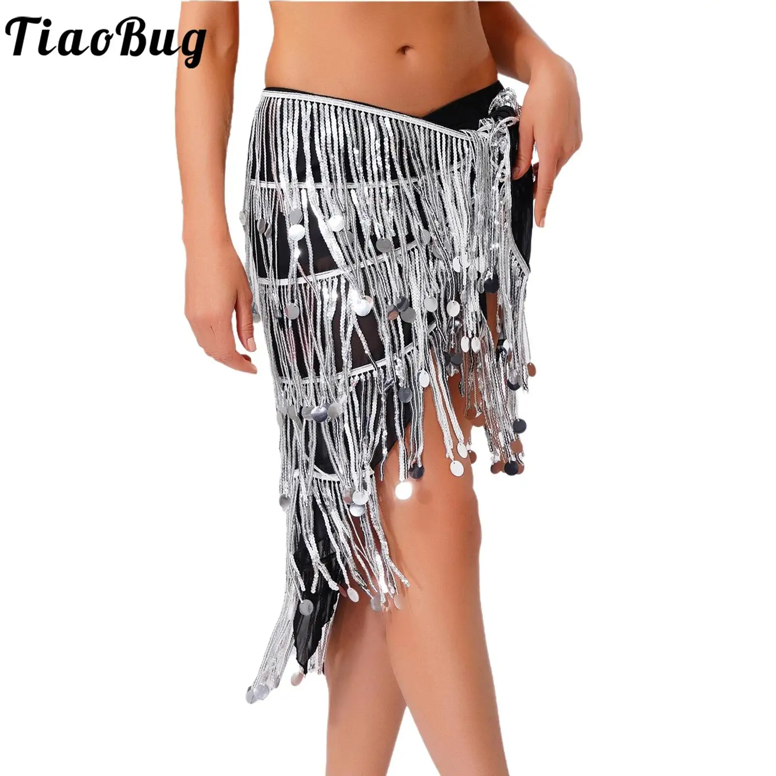 

Women Shiny Latin Belly Dance Hip Scarf Sequin Tassel Fringe Triangle Waist Chain Lace-up Hip Skirt for Dance Stage Performance