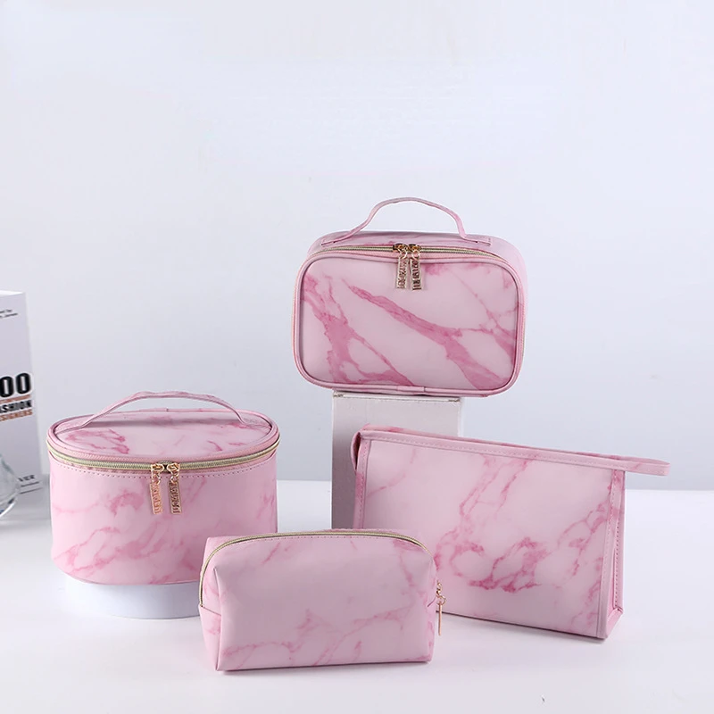 Pink PU Marble Pattern Women Cosmetic Bag Multifunction Toiletries Organize Storage Handbag Female Waterproof Makeup Case