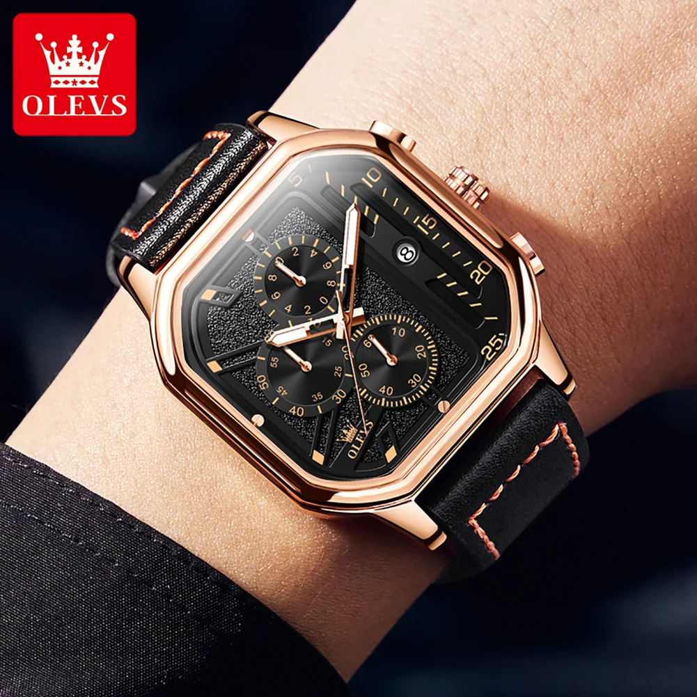 OLEVS New Quartz Watch for Men Chronograph Clock Waterproof Luminous Leather Strap Men\'s Wristwatch 42mm Dial Man Dress Watches