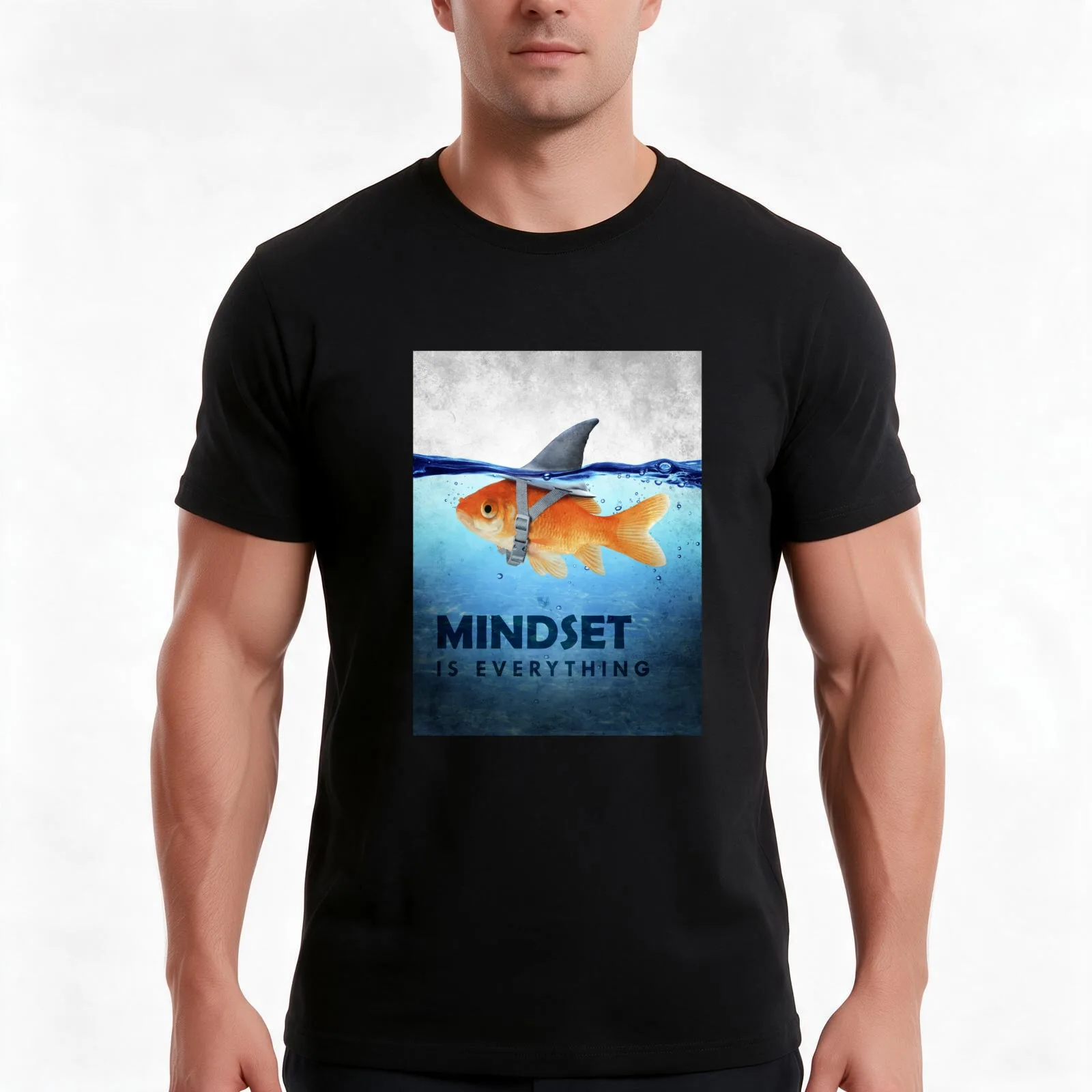 Mindset Is Everything Fish And Shark Illustration Motivation T-Shirt, Summer Casual Cotton Tee, Oversized Streetwear Tops