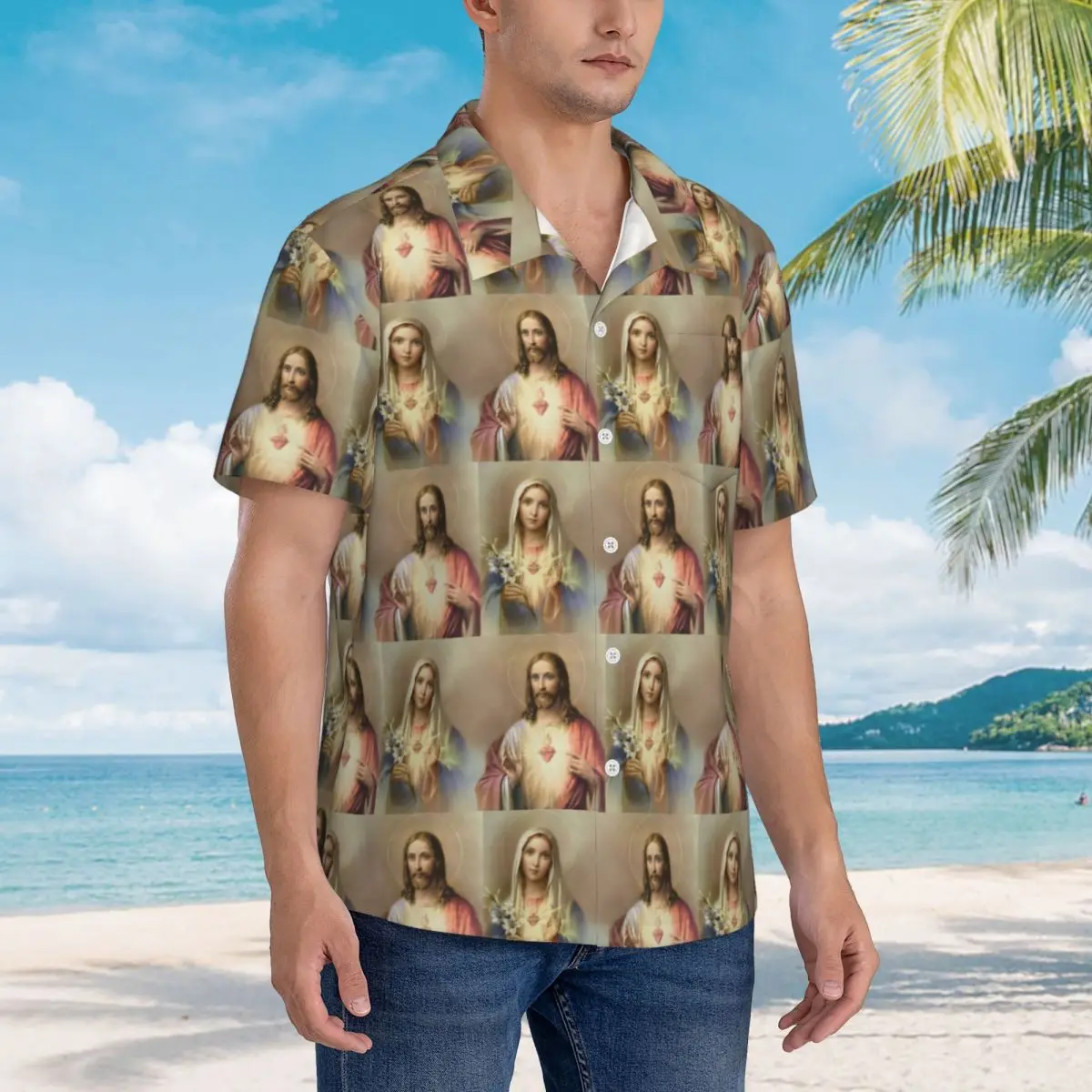Sacred Heart Jesus Immaculate Mary Religious Poster Hawaiian Shirts Men Short Sleeve Shirt for Summer Beach Men's Button Tops
