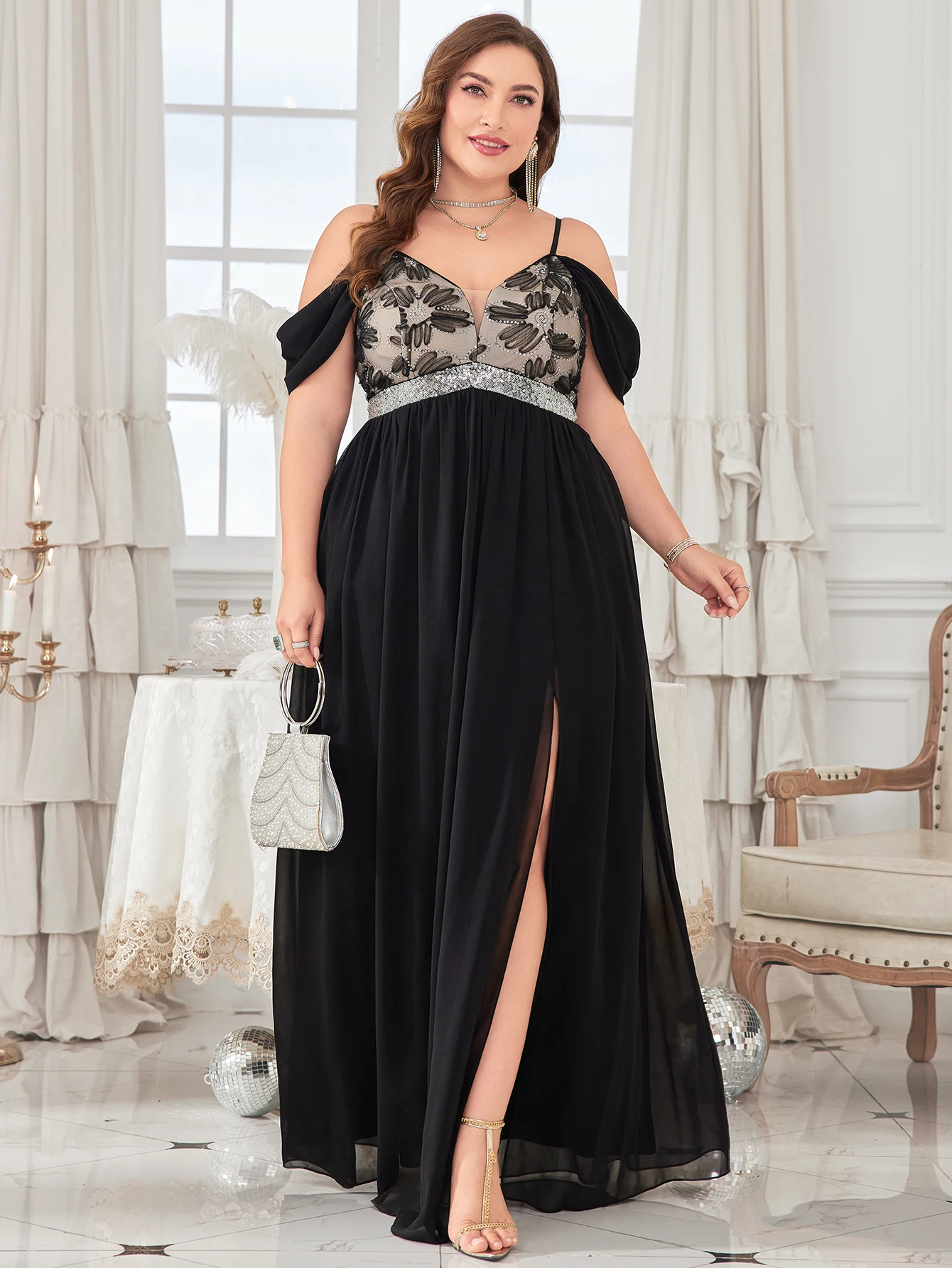 

UNITHORSE Plus Size Sequin Patchwork Chiffon Maxi Evening Party Dress With High Slit