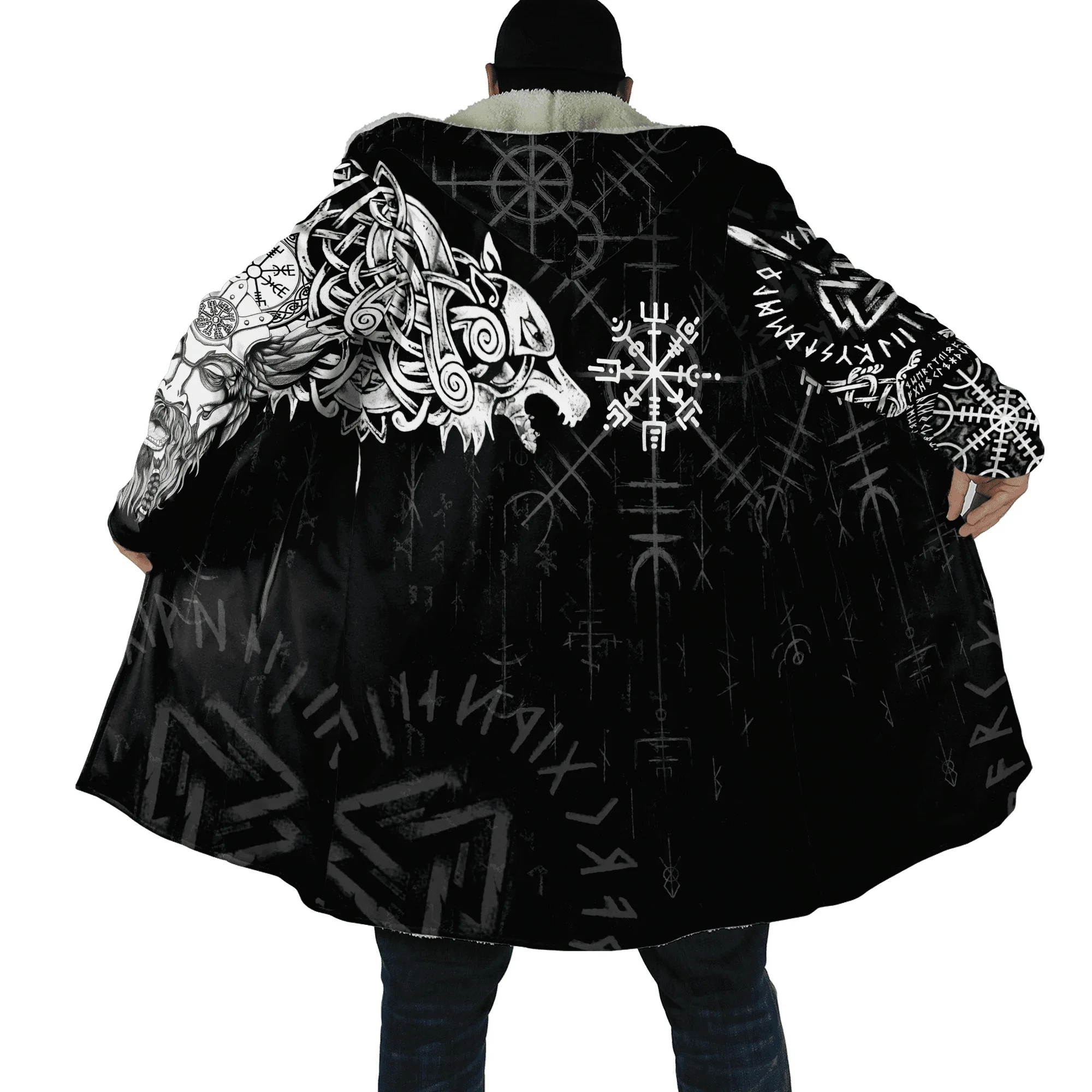 Inverno moda uomo mantello Norse Odin Raven Tattoo 3D stampato cappotto con cappuccio in pile spesso Unisex Casual Warm Cape Coat DP23