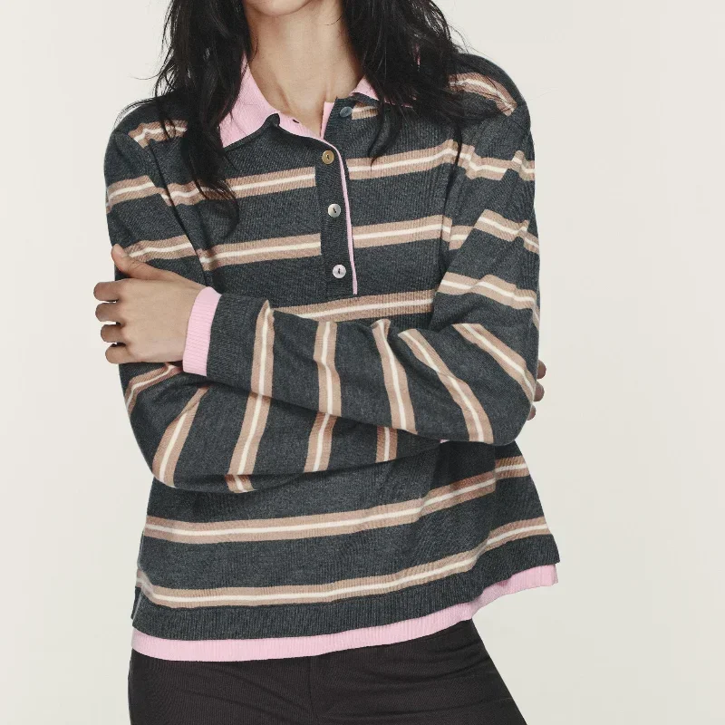 

Женский повседневный вязаный пуловер 2026 с контрастными полосами, V-образным вырезом, отложным воротником и однобортной застежкой, свободного кроя, с длинными рукавами