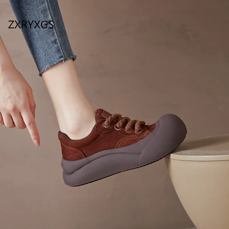 ZXRYXGS 2024 Cross Strap Round Toe Real Leather Vulcanized Shoes Woman Sneakers Thick Soles Heightening Shoes Trend Sneakers