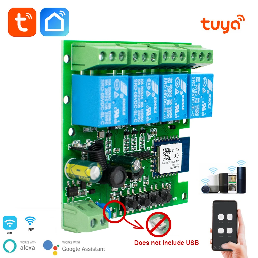 

4-канальный беспроводной Wi-Fi коммутатор Tuya. 7-32 В 85-250 В 220 В 110 В 2200 Вт Релейный модуль. Приемник RF 433 МГц 10A для Alexa Google Home