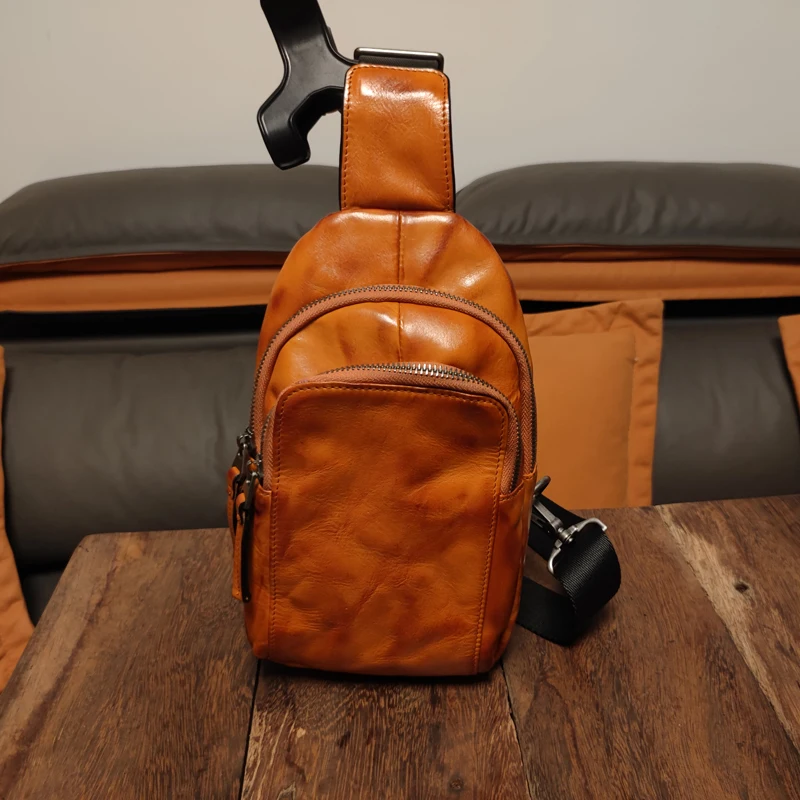 Moda vintage vegetal curtido couro saco de peito masculino festa de fim de semana bolsa de ombro esportes couro genuíno adolescentes crossbody saco