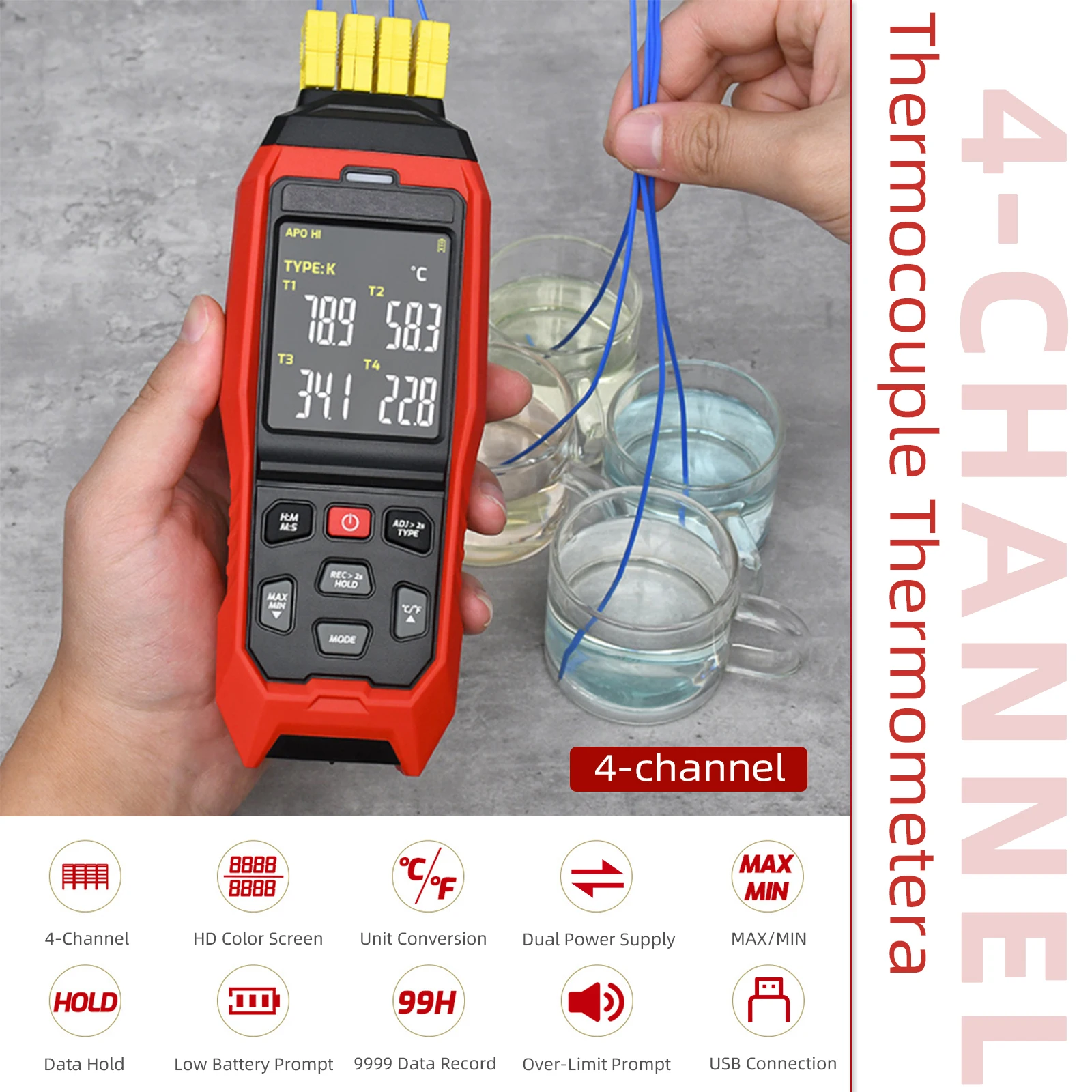 4-Channel K Type Thermocouple Thermometer Data Logger, -328 to 2501℉, 5000 Groups Recording, Audible & Visible Alarm