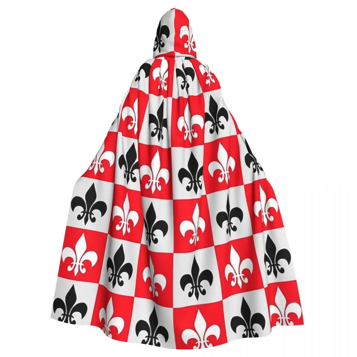 Red Geometric Heraldic Fleur-De-Lis Long Hooded  Witch Medieval Costume Cosplay Cape HalloweenParty Adult Unisex