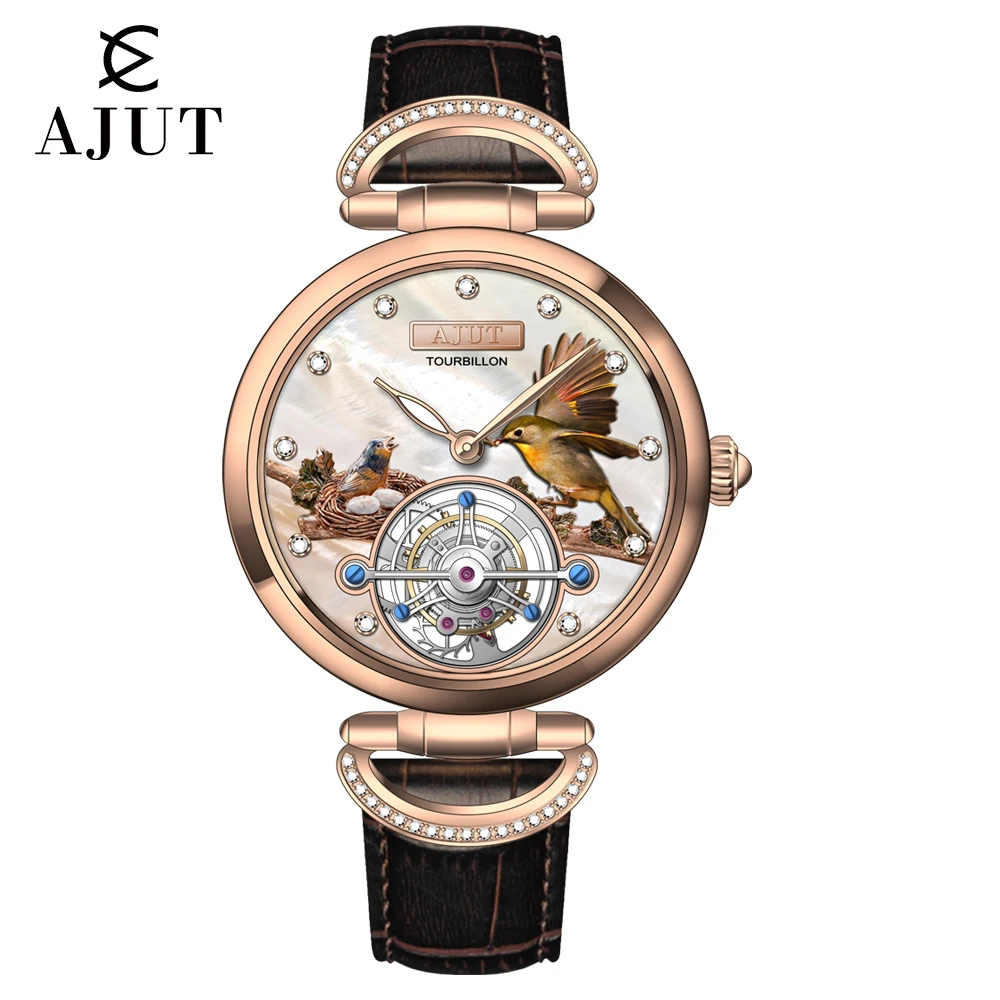 AJUT manuel Tourbillon mécanique luxe femme montre mouvement creux volant saphir verre Zircon lunette dames montres 0312