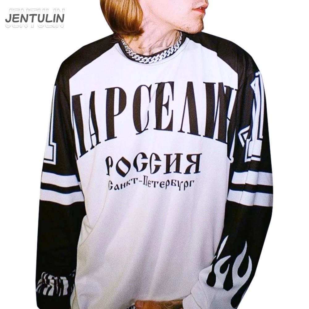 Oversized Men Clothing Streetwear Baseball Jersey Аутсайдер череп Print Hip Hop Korean Long Sleeve Y2k Top Graphic Gothic Tshirt