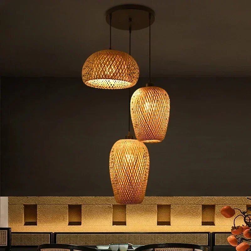 【3PCS】Bamboo Lampshade Led Pendant Lamp Natural Rattan Wicker Ceiling Chandeliers Hand Woven E27 Lighting Fixtures Hanging Light