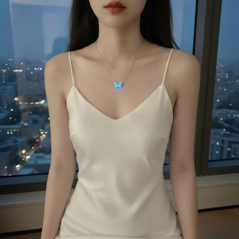 Shiny Glowing Blue Butterfly Clavicle Chain Elegant Jewelry for Women Wedding Bridesmaid Accessory Gift