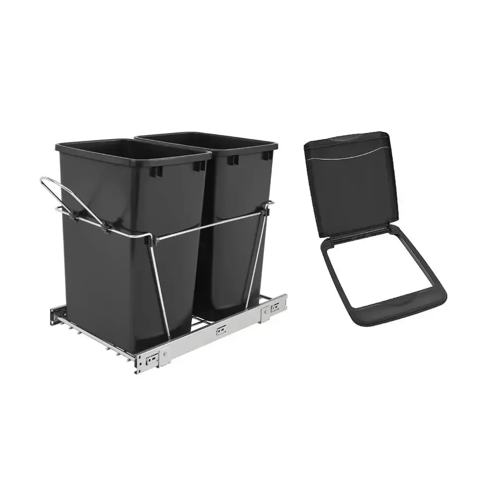 35-Quart Double Pullout Trash Bin with Lip Top Lid in Black