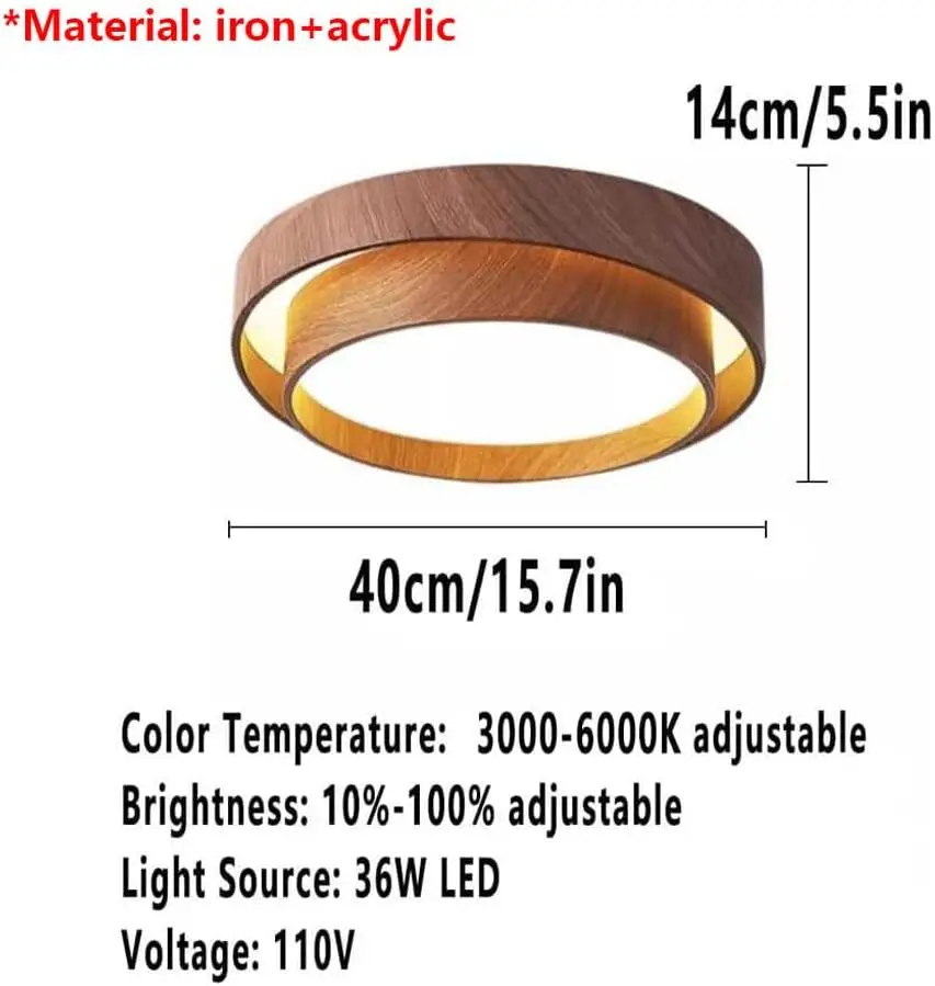 Dimmable LED Flush Mount Ceiling Light Walnut Small Remote Control Kitchen Bedroom Hallway Living Room Foyer