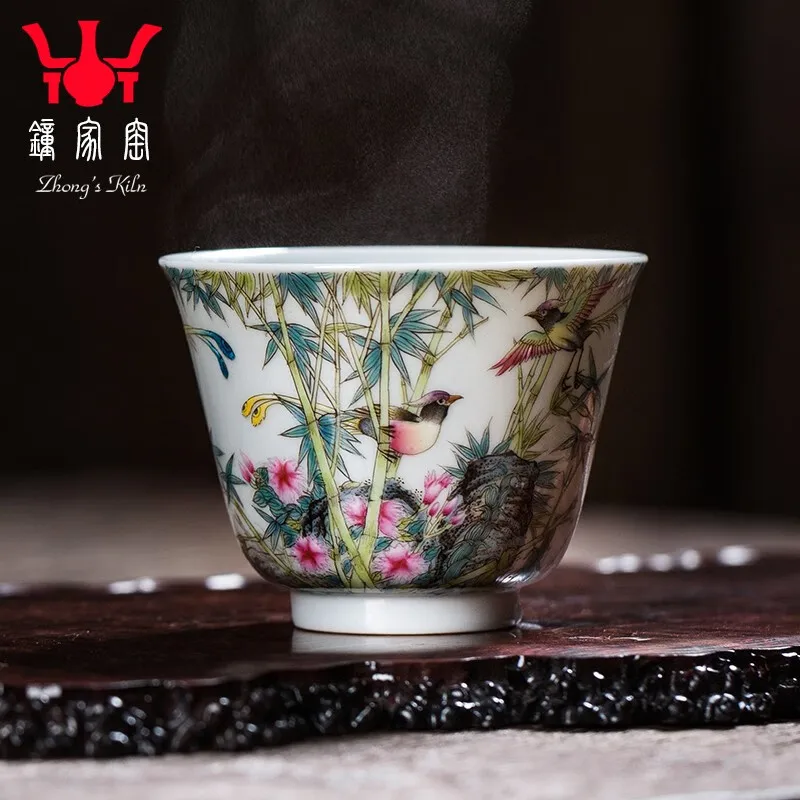 Zhongjia Kiln Master Cup Single Cup Jingdezhen Enamel Tea Set Hand Painted Bamboo Forest Feiyan Kombucha Tea Small Teacup