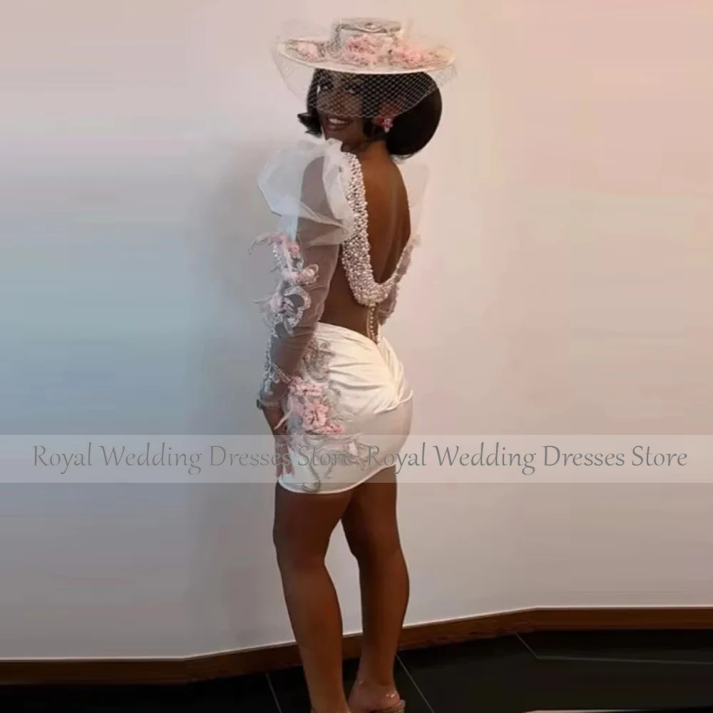 Abito da cocktail corto sexy avorio per donna Mini abito da cocktail tubino con scollo a V maniche lunghe in tulle con perline abito da festa