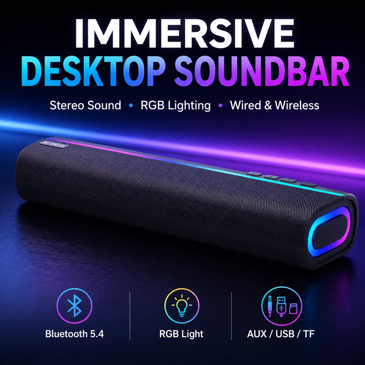 Rgb Computer Soundbar For Pc - Bluetooth 5.4 Soundbar-Lautsprecher, RGB Subwoofer Stereo