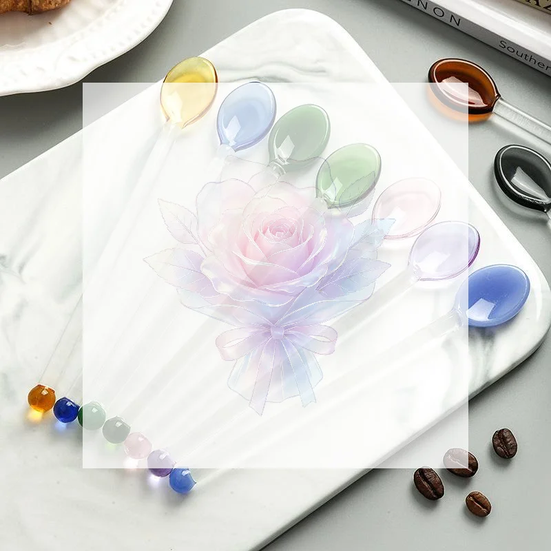 Glass Stirring Spoons Heat Resistant Transparent Colorful Long Handle for Coffee Dessert Yogurt Daily Home Kitchen Utensils
