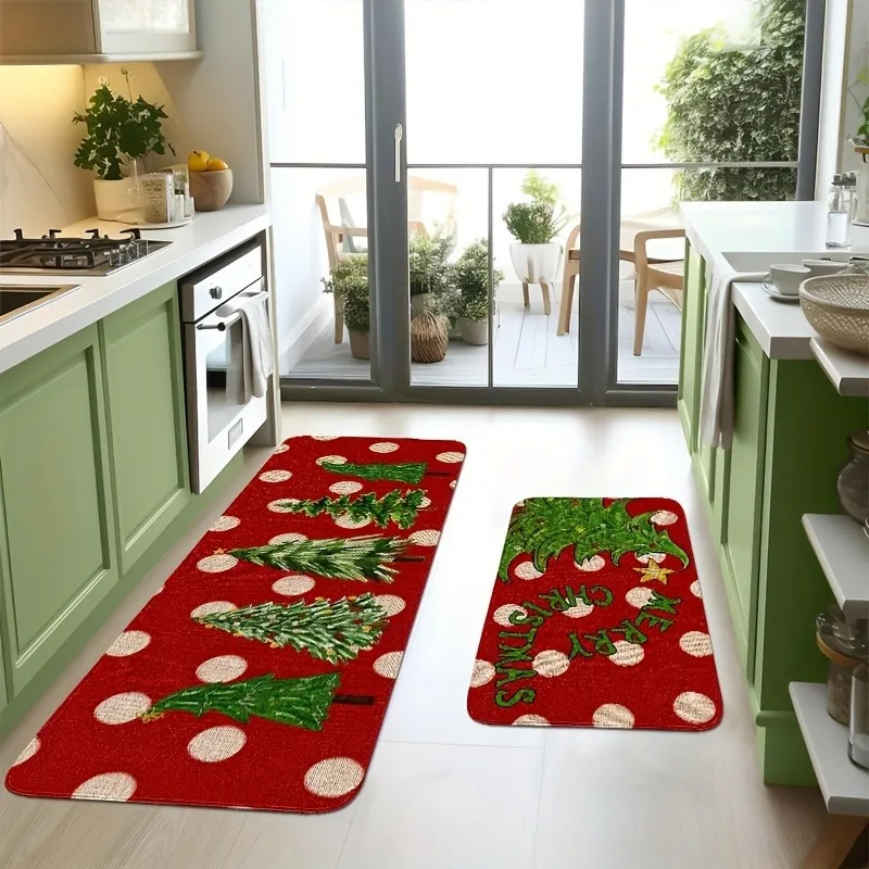 VIKAMA Christmas Kitchen Runner Mat Set Anti Slip Washable Rug Polka Dot Xmas Tree Holiday Floor Decor Carpet Kitchen Floor Mat