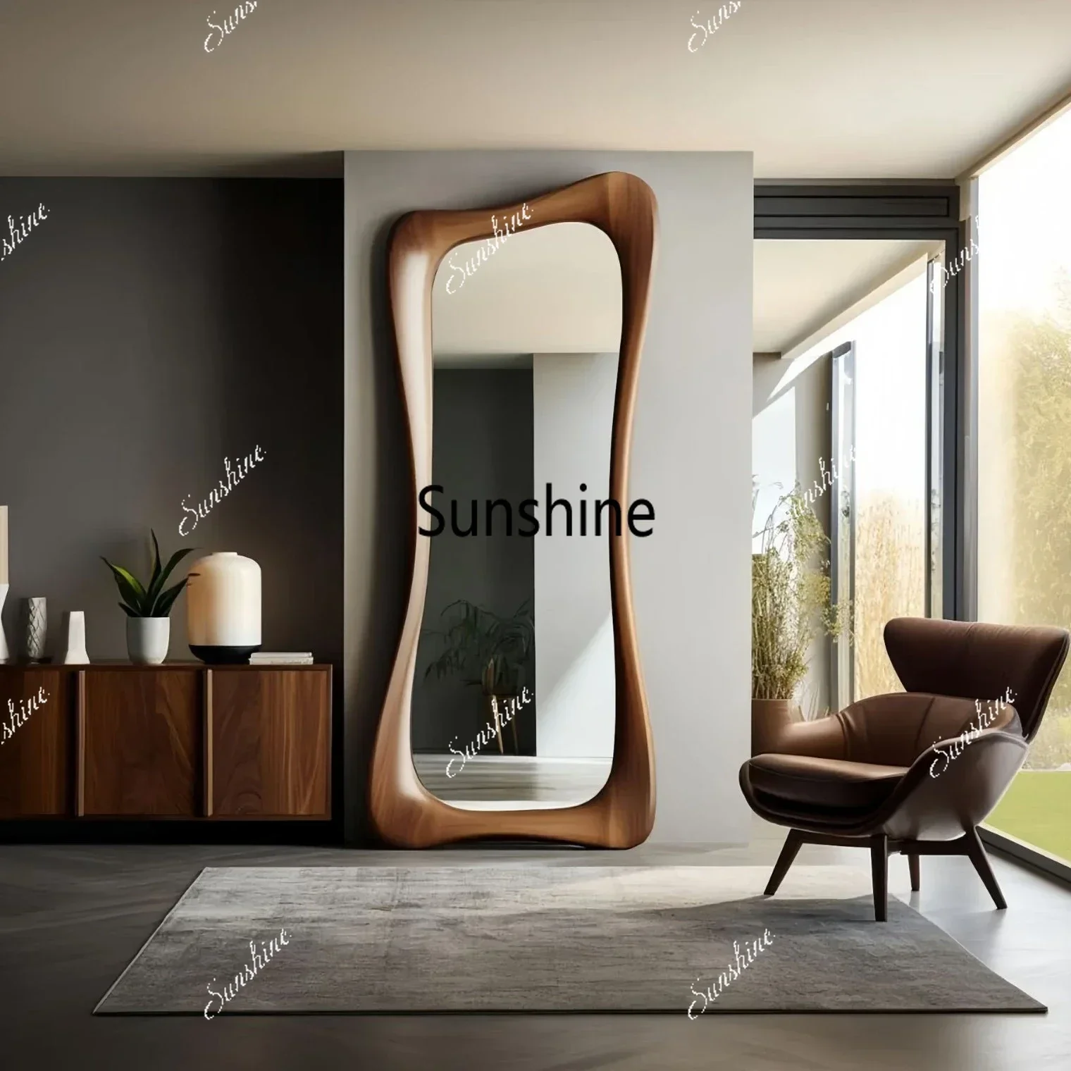 Tempered Glass American-style Irregular Antique Dressing Mirror Floor Mirror Solid Wood Full-length Mirror for Living Room T*